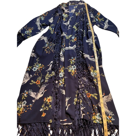 Jennafer Grace Kimono Robe Designer Handmade Blue Cranes Floral Fringe Boho S M - Picture 5 of 15